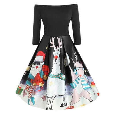 

Tailored Women Off Shoulder Long Sleeve Christmas Santa Claus Elk Print Vintage Dress