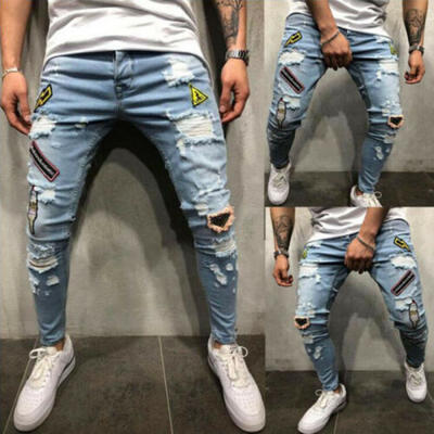 

Stylish Mens Stretchy Ripped Skinny Jeans Destroyed Frayed Slim Fit Denim Pants