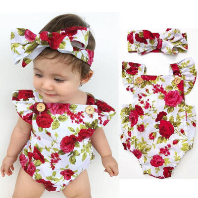 

Newborn Baby Girl Clothes Flower Jumpsuit Romper Bodysuit Headband Outfits US