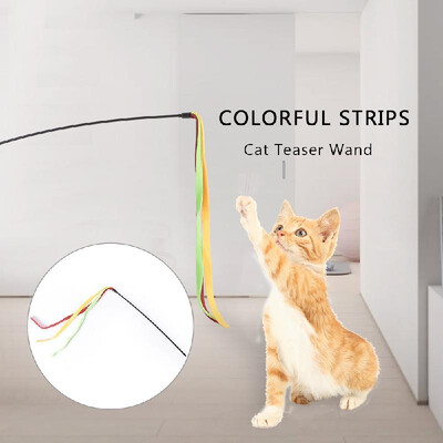 

Colorful Strips Wand Cat Teaser Wand Kitten Play Chaser Toy Color Cloth Strips Teaser for Cats Kittens