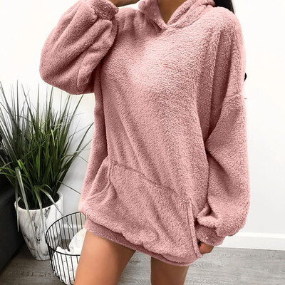 

Tailored Women Long Sleeve Winter Warm Hooded With Big Pocket Soft Mid Sweatshirt Tops