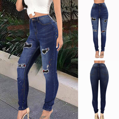 

Tailored Women High Waist Stretch Print Jeans Leggings Skinny Slim Hole Pants Trousers