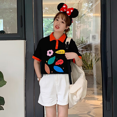 

Womens Cotton Cute Turn-down Collar Cartoon Print Short Sleeve Loose Polo Shirt