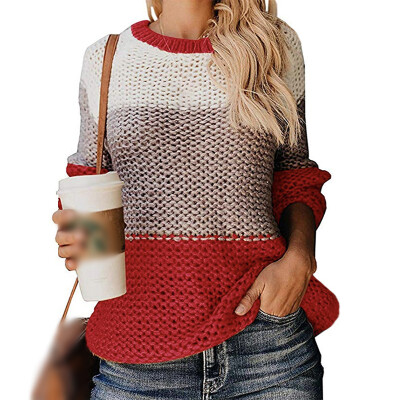 

Womens Knit Long Sleeve Color Block Ladies Winter Crew Neck Sweater Jumpers Tops