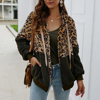 

Gobestart Women Leopard Print Patchwork Fleece Long Sleeves Cardigan Zipper Keep Warm Coat