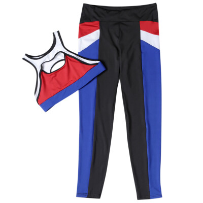 

Women Fitted Yoga Sports Suit Crop Top Long Pant Color Blocking Sportswear