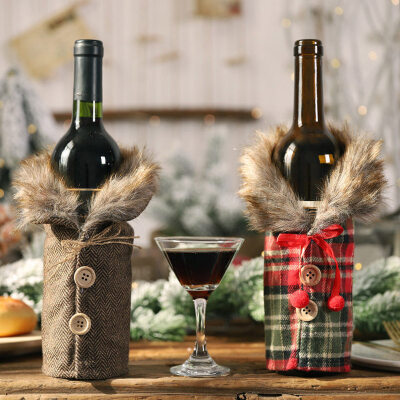 

2Pcs Christmas Striped Lattice Wine Bottle Cover Coat Dinner Table Decoration