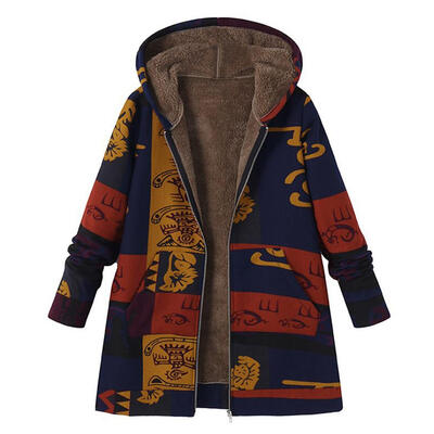 

Women Long Sleeve Hooded Winter Thicken Coat Cotton Ethnic Printed Jacket