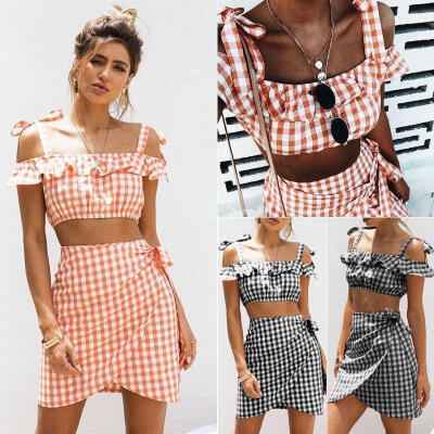 

Women 2 Piece Bandage Two Piece Crop Top&Skirt Set Lace Up Dress Party