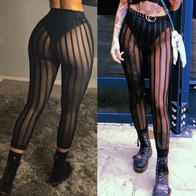 

Sexy Women Striped Mesh Perspective Pants Knee Length Party Trousers Club Wear