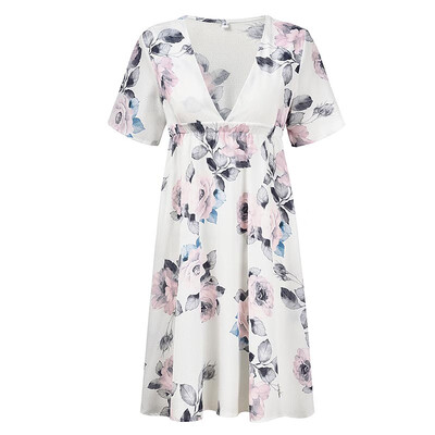 

Women Summer Loose Deep V Collar Flower Printed Breathable Chiffon Sweet Short Sleeve Dress