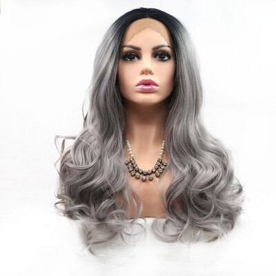 

Amazing Star Lace Frontal Wigs Curly Hair Heat Resistant Hand Tied Lace Frontal Synthetic Hair Wigs Middle Part Silver Gray Color