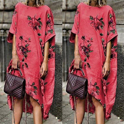 

Womens Short Sleeve Boho Cotton Linen Kaftan Maxi Dress Floral Long Dress Sundress