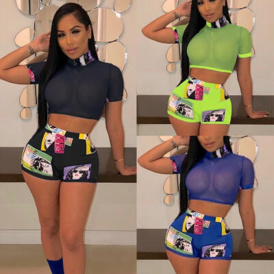 

US Women 2 Piece Outfits Short Sleeve Mesh Crop Tops Shorts Set Jumpsuit Rompers