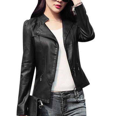 

Faux Leather Slim Fit Basic Jackets Zipper Pockets Women Stand Collar Coat