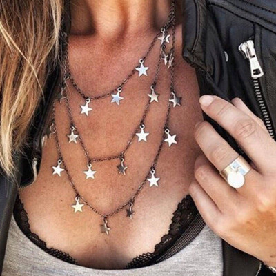 

Europe&America simple three-layer star necklace ladies metal alloy five-pointed star statement multilayer necklace