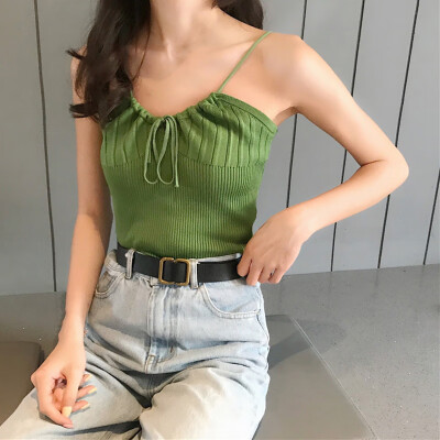 

Women Sexy V Neck Drawstring Bow Sleeveless Slim Solid Color Camisole Knit Vest