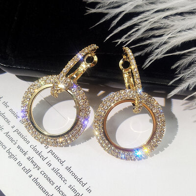 

EK154 European Brand Rhinestone Earring Fashion Big Round Bling Brincos Double Circle Hoop Earrings Elegant Women Party Jewelry