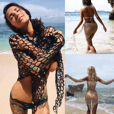 

Womens Summer Beach Swimwear Paillette Mesh bikini Smock Cover Up Sunscreen