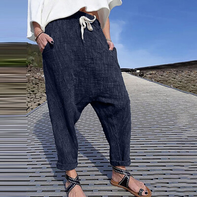 

Women Plus Size Pure Color Pocket Wide Leg Pants Cotton Linen Trousers