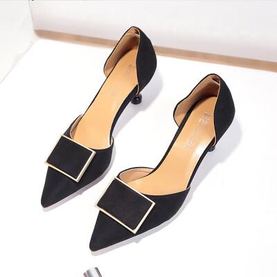 

Spring&summer French high-heeled shoes womens thin heel pointed hollow sandals square buckle work shoes women