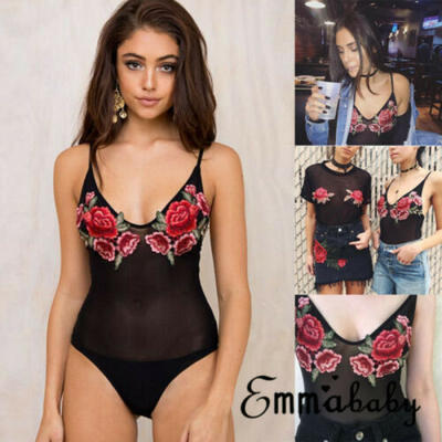 

Women Lace Bodysuit Lingerie Sleeveless V Neck Stretch Leotard Jumpsuit Top