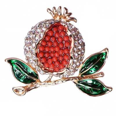 

Vivid Red Pomegranate Bling Crystal Brooch Corsage Lovely Green Leaves Brooch Enamel Fruit Brooch