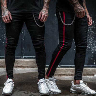 

US Men Hipster Joggers Gym Workout Track Side Color Stripe Pants Skinny Trousers