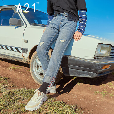 

A21 2018 autumn&winter new mens trend low waist jeans hole cat whisk fabric fashion wild mens denim pants 4831020006 blue&white 34 19086A