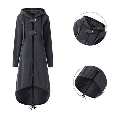 

Womens Long Sleeve Hooded Trench Coat Autumn Black Zipper Plus Size  Velvet Long Coat Women Overcoat