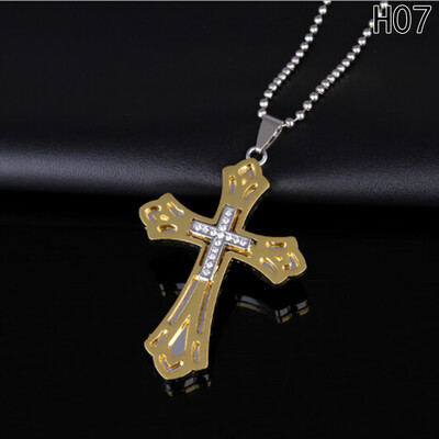 

High Quality Black Silver Stainless Steel Cross crystal Pendant Mens Necklace