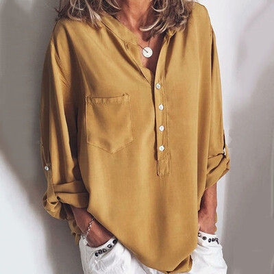 

Womens Long Sleeve Casual Loose Tops T Shirt Ladies Plain Button Blouse Shirts