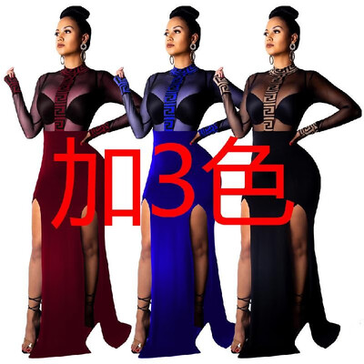

3586 Cross-border European&American womens mesh gauze perspective two sides split dress dress skirt evening dress nightclub b