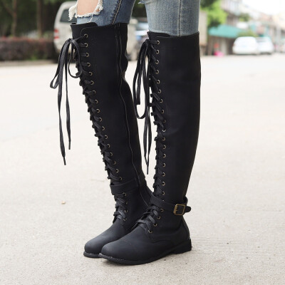 

Rose Women Ladies Retro Low-heeled Shoes Lace-UP Long Tube Knight Boots