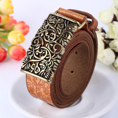 

Vintage Women Leather Belt Hollow Out Buckle Flower Print Emboss Waist Strap Waistband Khaki