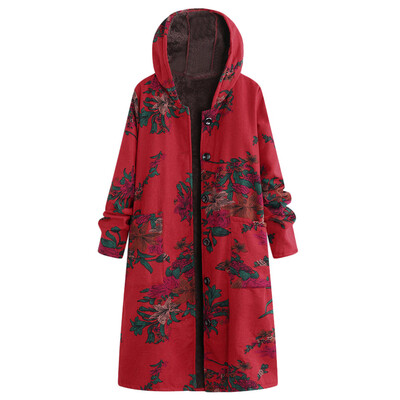 

Toponeto Women Plus Size Button Hooded Cotton Linen Fluffy Print Long Coat Outwear