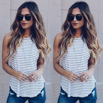 

US Women Sleeveless Summer Stripe Vest Top T Shirt Blouse Loose Tank Top Casual