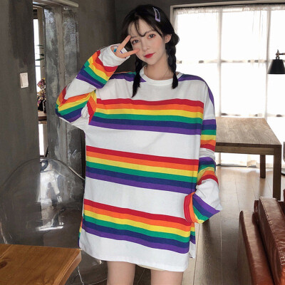 

Women Long Sleeve T-Shirt O-Neck Loose Fit Autumn Spring Rainbow Striped Basic T-Shirts Tops