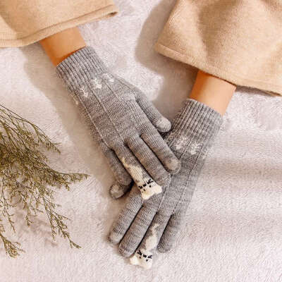 

Warm Winter Knitted Full Finger Gloves Mittens Women Cute Cartoon Cats Touchable Screen Gloves