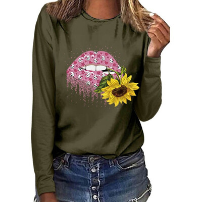 

Plus Size New Autumn Fashion Women Casual Blouse Sunflower And Lips Printed Sweatshirt Long Sleeve Shirt Tops