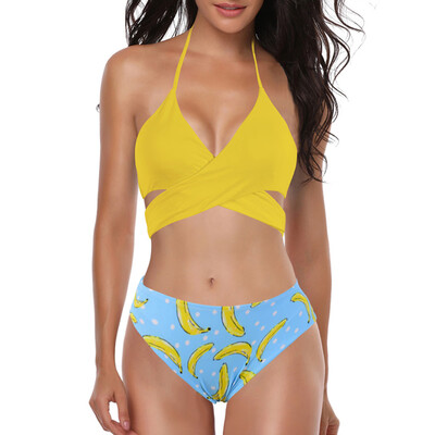 

Saidsome Women Padded Halter Sexy Lace-up Pineapple Print Beach Suit Bikini Swimwear