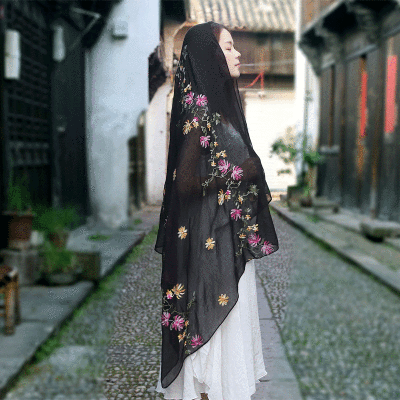 

Embroidered linen flowers Nibel cotton&linen scarf air conditioning sunscreen dual-use spring&summer silk scarf female national wind shawl