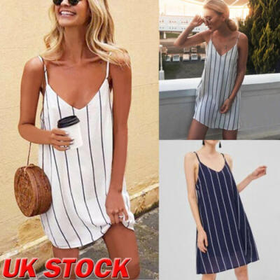 

UK Womens Sleeveless Loose Midi Dress Ladies Summer Striped Dress Size 6-16