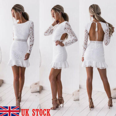 

Womens Lace Bodycon Long Sleeve Summer Cocktail Evening Party Short Mini Dress