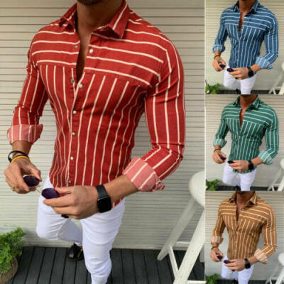 

Luxury Fashion Mens Slim Fit Long Sleeve Shirt Striped Casual Dress Shirt Tops