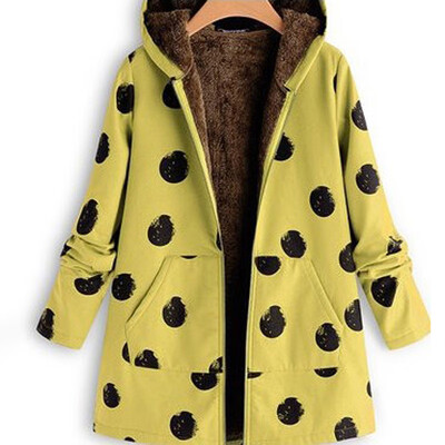 

Womens Polka Dot Hooded Coat Vintage Winter Long Pocket Jacket Outwear Plus Size