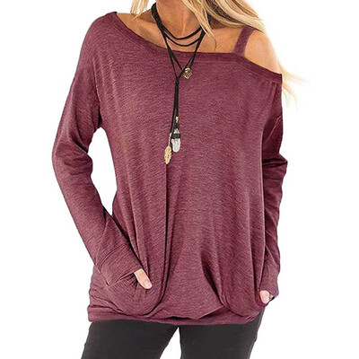 

Women Autumn Winter Fashion Casual Top with Pockets Pure Color T-shirt Loose Oblique collar Long sleeve T-Shirt