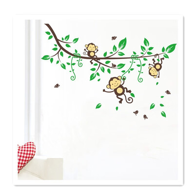 

Naughty Monkey Wall Stickers on Fresh Green Leaf Branches Kindergarten Childrens Room Opening Season Decorations Swinging Monkeys