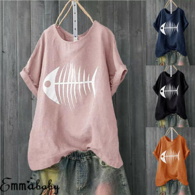 

Top Fish Bone Print Casual Women Cotton T-shirt Plus Size Short Sleeve Crew Neck