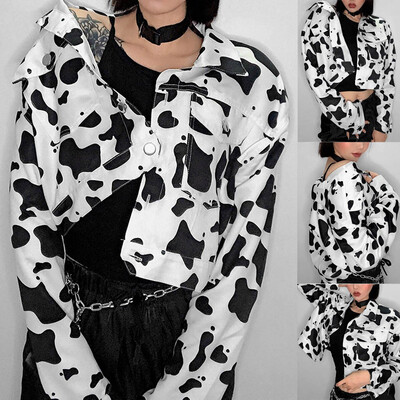 

Toponeto Women Button Long Sleeve Animals Print Denim Open Front Jean Jacket Overcoat